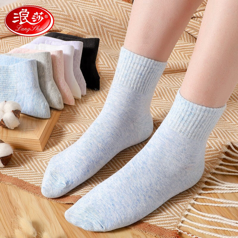 Langsha socks children's pure cotton cute women's sports cotton socks middle tube Korean fashion breathable socks solid color Qing new style one size fits all