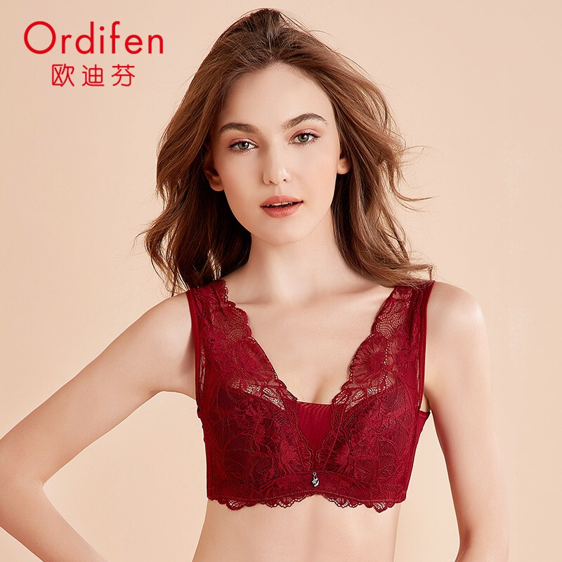 Odifen bra underwear female Li Xiaoran same lace thin cup hole cup bra female adjustable bra vest women's bra bra xb9330 crystal red C75