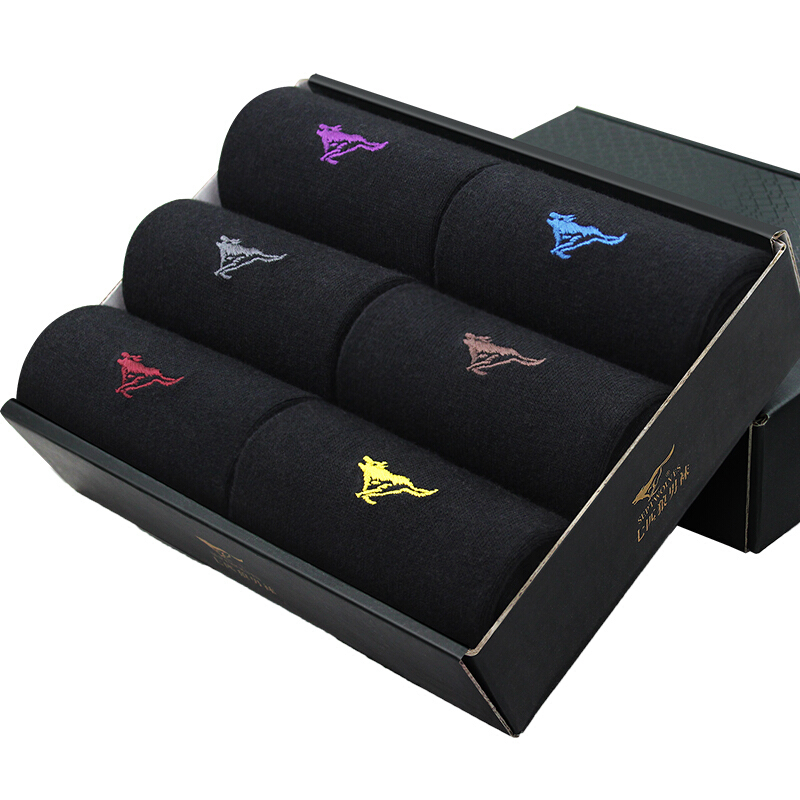 Seven wolf socks men's pure cotton socks middle tube business casual cotton socks black all black 6 pairs, average size 91074