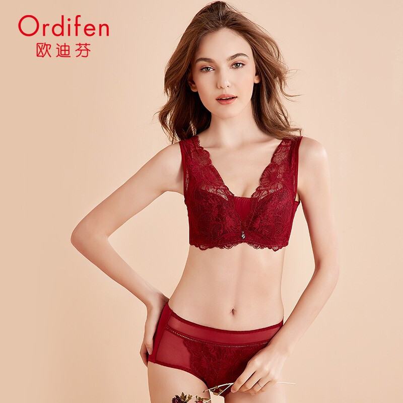 Odifen bra set women's 19 new thin large chest small bra women's Lace Sexy hole cup gathered Strapless vest women's underwear set xb9329 bright red 36 / 80C