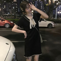 Spring and summer Korean version of the very fairy French minority short sleeved dress, female fungus edge medium long bow Knit Skirt