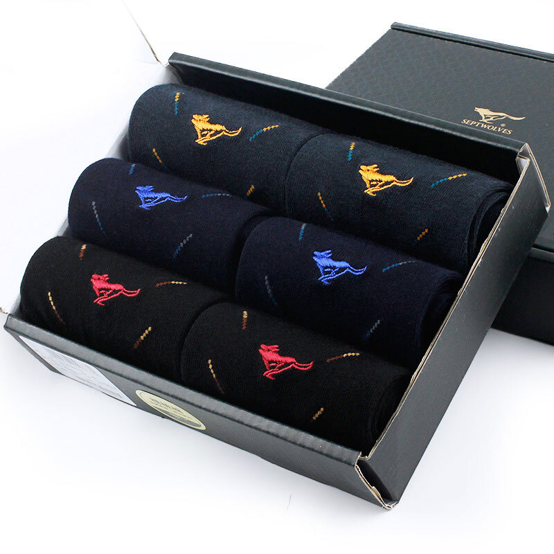 Septwolves socks men's combed cotton sweat absorbing and breathable 6 pairs of dark gift boxes, all size 90678