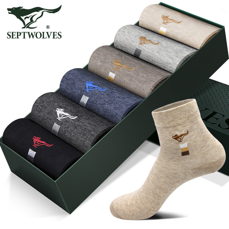 Seven wolf socks men's pure cotton medium tube men's socks all cotton socks breathable Sports Socks 6 pairs 80305 mixed color one size