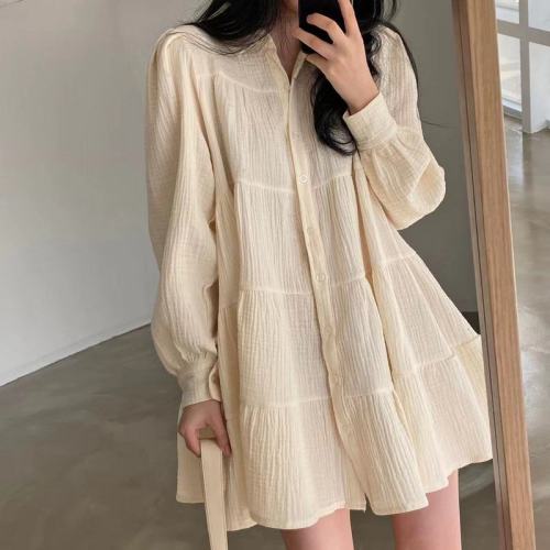 Korean version of new chic Lapel pleated feeling loose single breasted bubble sleeve doll short dress