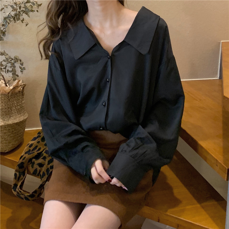 Real photo real price Korean spring loose single breasted long sleeve solid color simple baby collar shirt top