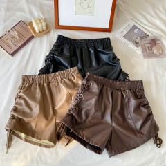 Real shot real price autumn and winter design sense PU leather high waist thin pleated drawstring wide leg shorts leather pants casual pants