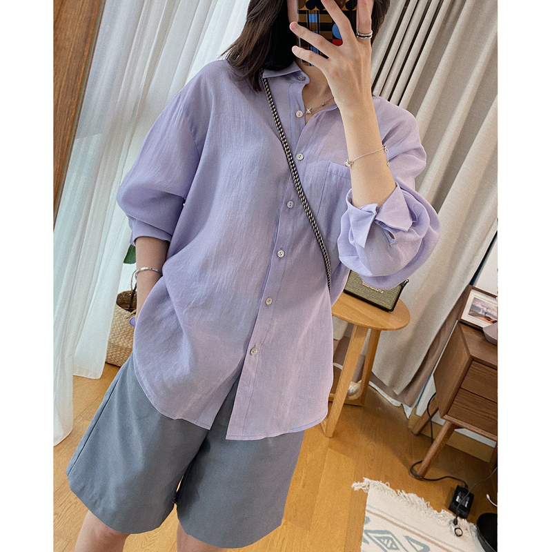 Taro purple sky silk shirt women's sunscreen summer new style wear versatile loose long sleeved Korean shirt coat