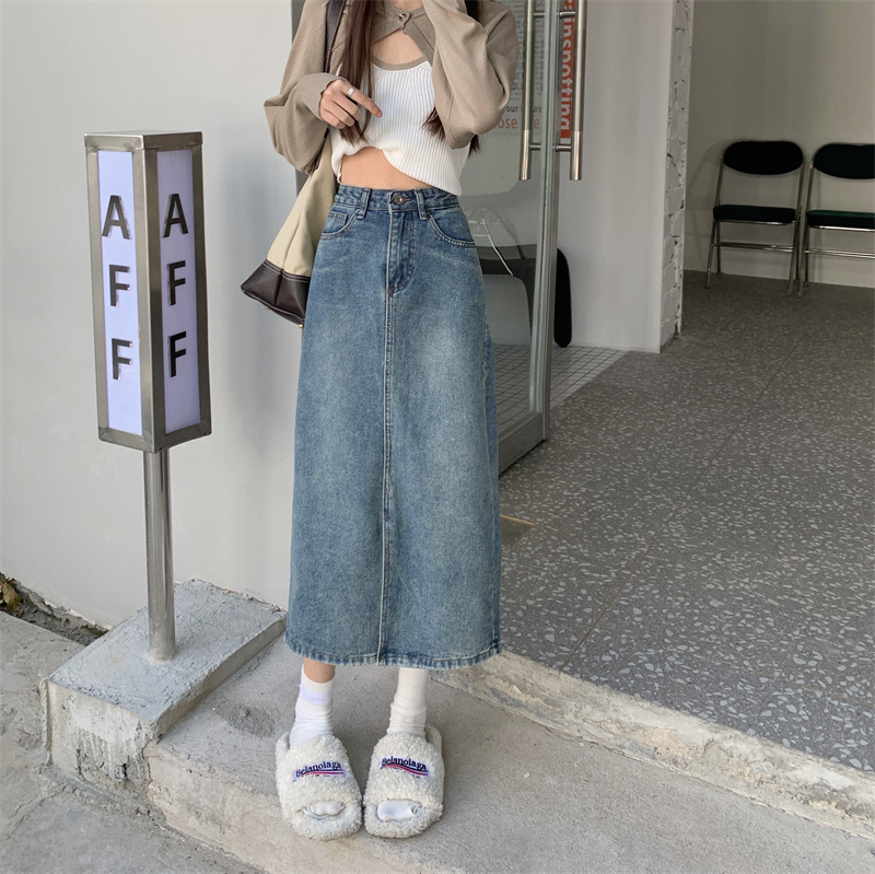 Denim skirt half skirt women's medium length skirt 2022 new spring and autumn Korean Retro High Waist A-shaped skirt