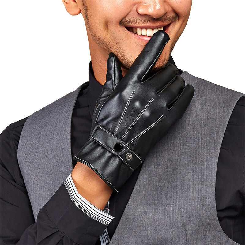 Bovonik touch screen gloves men's leather gloves warm and windproof in winter Plush thickened PU gloves men's cycling and motorcycle driving gloves in winter are all black