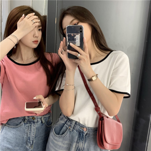 Real price real shot early spring ins solid color edge contrast girl slim knit T-shirt girl