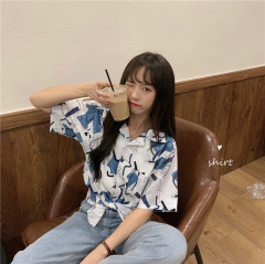 Real Korean version small fresh retro printed shirt short sleeve casual thin shirt Hong Kong Style V-neck