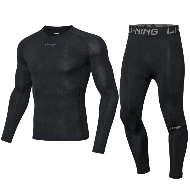 Li Ning Ling sports suit two piece men's fitness tights quick drying breathable outdoor basketball running fitness training suit audq083-1 + aulq085-1 XL
