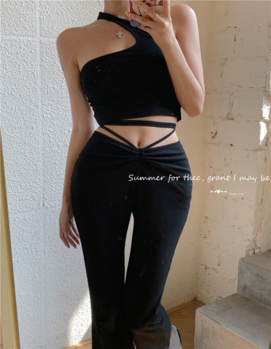 Real price ~ casual suit sexy neck and bra sling + high waist straight tube drawstring two-piece set