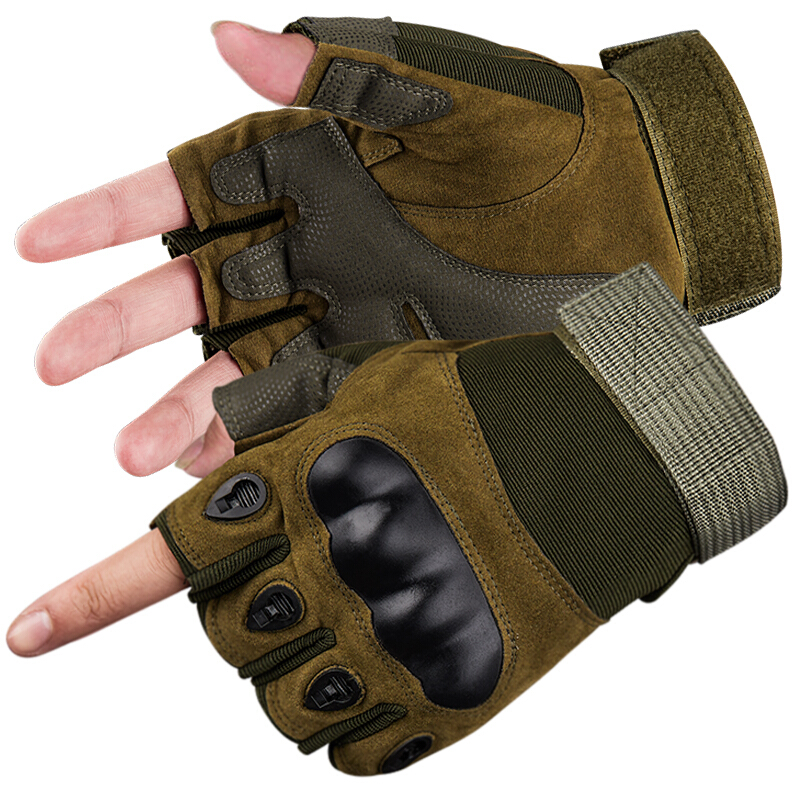 Magic wheel move iron tactical Half Finger Gloves outdoor combat riding sports hard shell protective gloves motorcycle gloves send mountaineering buckle [military green hard shell tactical gloves]