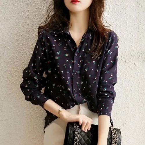 Spring and autumn new long sleeve printed shirt retro casual floral shirt Korean Fashion Top