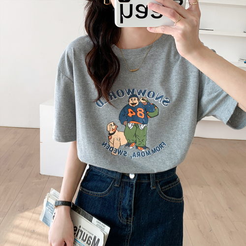 Real price gray short sleeved top women's spring and summer 2022 new cartoon printed pure cotton T-shirt bottoming trend