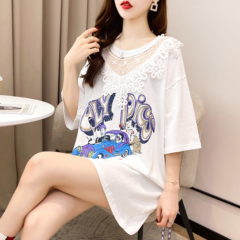 Real shooting of 2022 summer new large loose hollow lace short sleeved T-shirt for women
