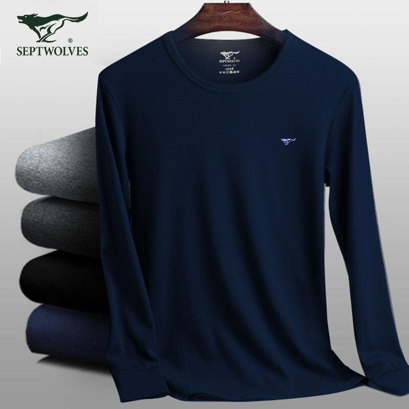 Seven wolves thermal underwear men's pure cotton bacteriostatic basic thin autumn clothes autumn Pants Set men's round neck cotton sweater autumn and winter 8028 [bacteriostatic style] pure cotton Navy M