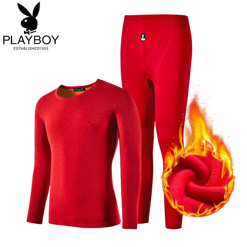 Playboy Plush thickened thermal underwear big red men's suit winter autumn clothes autumn pants men's benmingnian 8316 red XXL