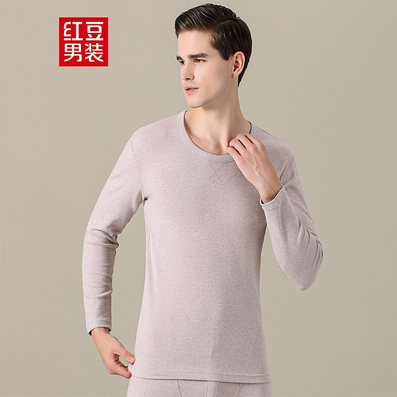 Hodo men's autumn clothes and trousers men's set thick thermal underwear set men's solid color cotton spandex round neck red bean cashmere basic bottomed cotton sweater Y1 Khaki 175