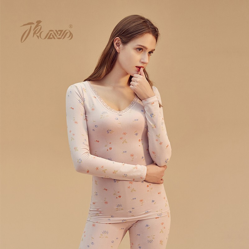 Top guaguagua autumn clothes autumn pants women's cotton thin style fresh printing round neck large thermal underwear set zy010011 Ganshi powder style V 180