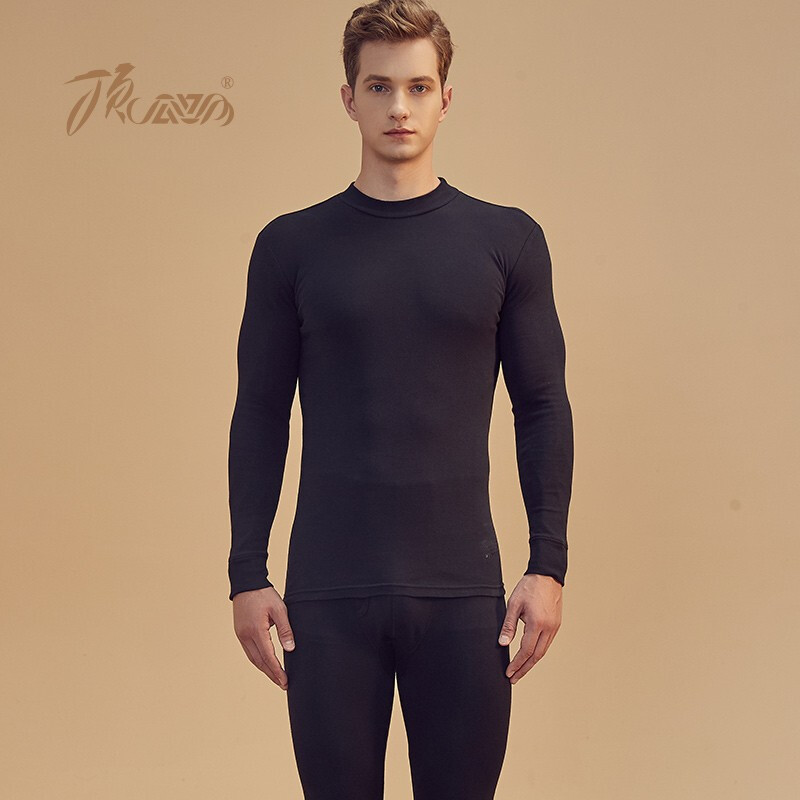 Top melon melon autumn clothes autumn pants men's pure cotton solid color Pullover basic thin underwear long sleeve thermal underwear thin couple suit zy100021 moon night black man (semi high collar) 190