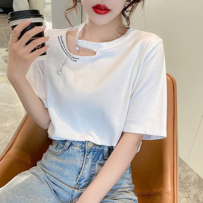 Real shooting pure cotton short sleeve T-shirt women's wear 2022 new summer off shoulder ins fashion loose design sense of minority