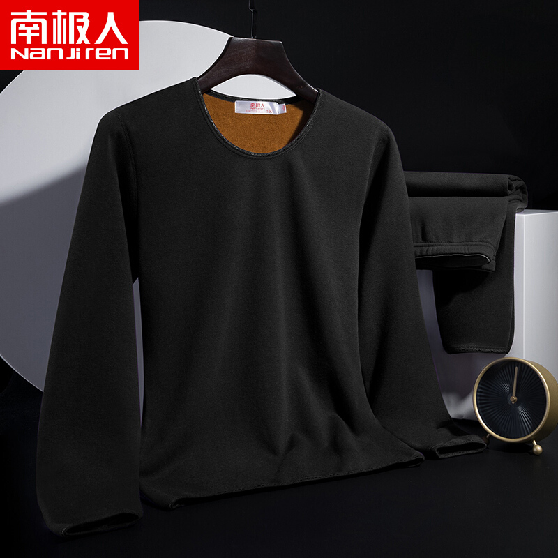 Antarctica thermal underwear men's and women's gold warm armour Plush thickened round neck four side elastic comfortable youth middle-aged and elderly autumn clothes autumn Pants Set women's black XXL