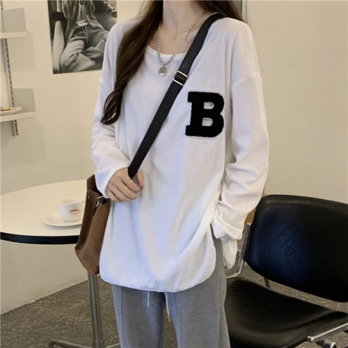 Real price 100% fiber corduroy long sleeve T-shirt women's embroidered letter super fire top