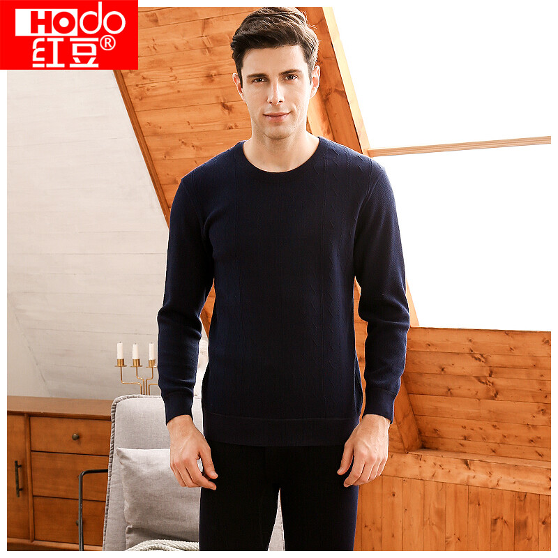 Red bean 2018 new thermal underwear men's round neck Plush thickened net color jacquard middle-aged and elderly dad cold proof suit 305 Navy 185 / 110