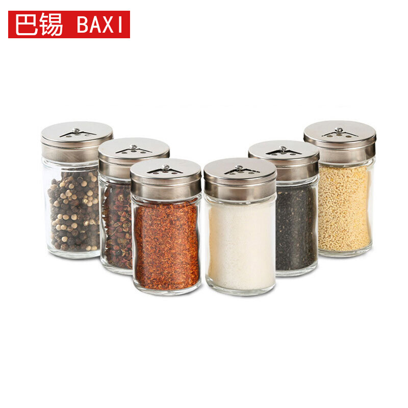 Three lead-free glass seasoning bottles, seasoning jar seasoning box, kitchen barbecue seasoning jar set, seasoning jar stainless steel 304 bottle cap