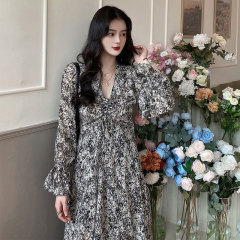 High waist over knee dress 2021 spring and autumn Floral Chiffon Long Sleeve V-neck dress