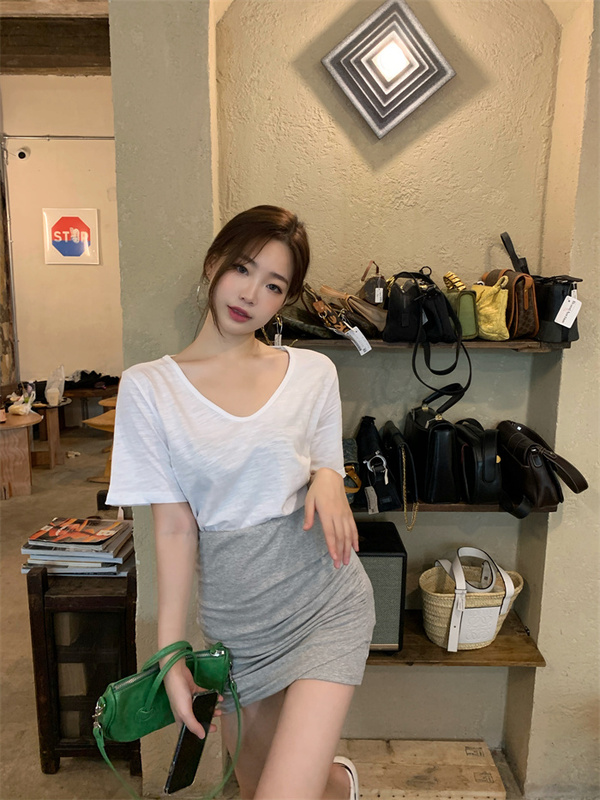 Real shot real price versatile solid color V-neck T-Shirt Top