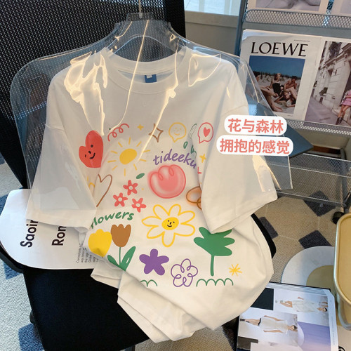 Cotton bag back collar milk silk graffiti flower short sleeve T-shirt women's 2022 new sweet top