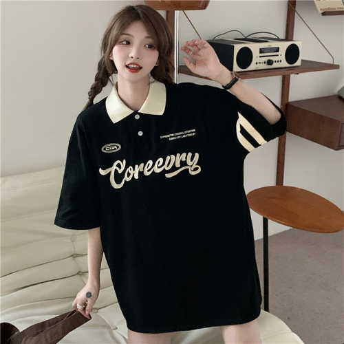Real time fashion brand striped polo shirt contrast letter print short sleeve top