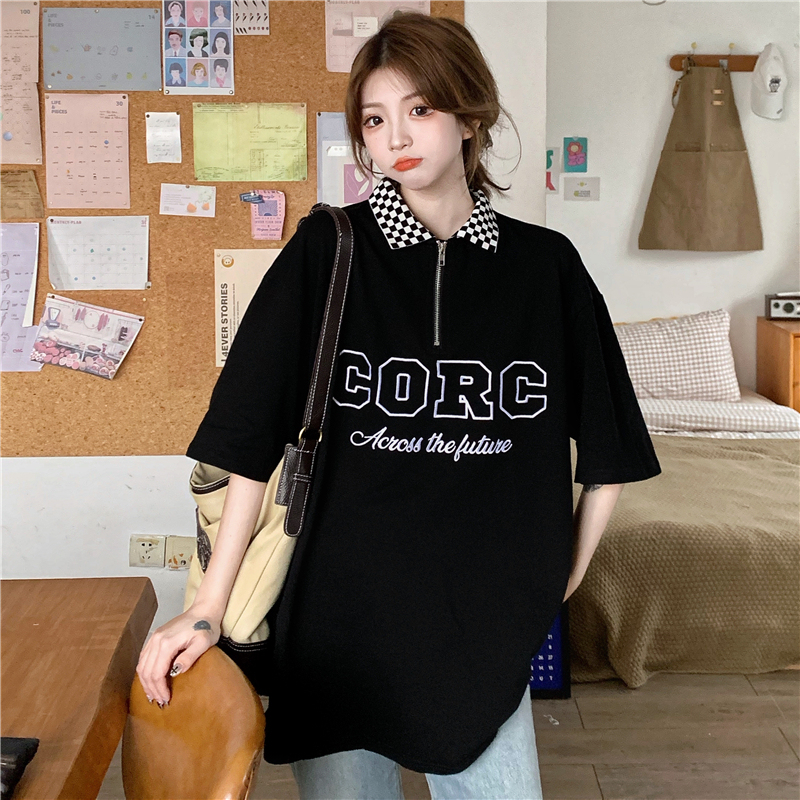 Real shooting chessboard lattice letter embroidery design zipper Polo Shirt Short Sleeve T
