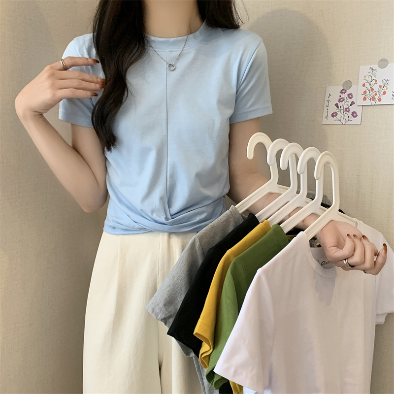 Real price summer clothes solid color short sleeved T-shirt women's design sense niche top