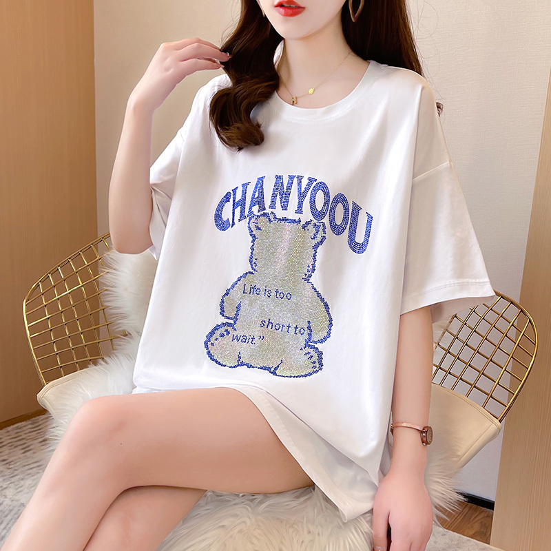 Real shooting summer new hot diamond shiny loose large round neck short sleeve t-shirt female