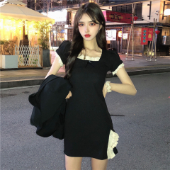 Real shooting of new super American French retro lace splicing split machine dress for women