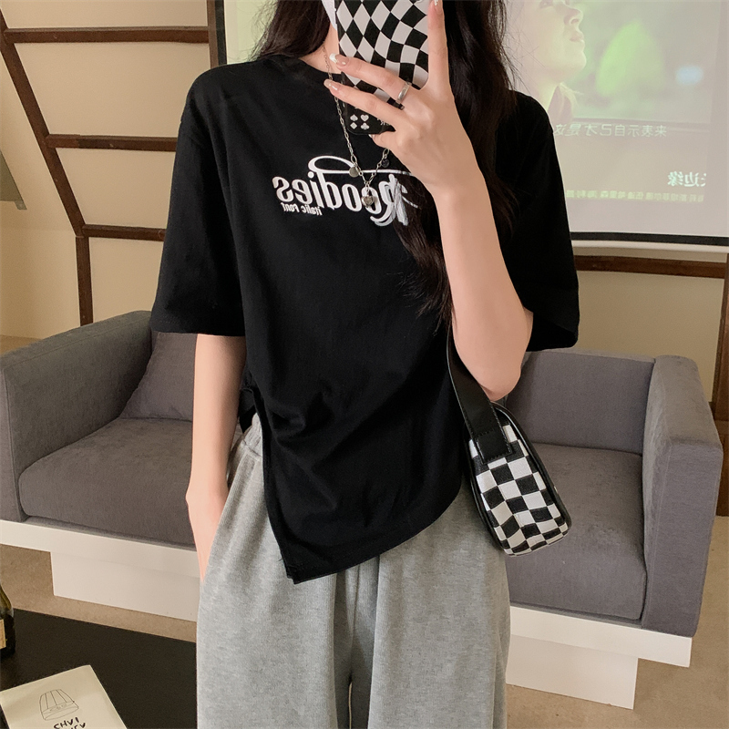 Real price cotton new short sleeve T-shirt women's design irregular short top summer