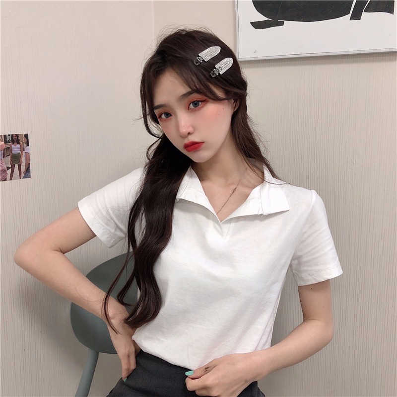 Real cotton 2022 summer polo shirt female short sleeve t-shirt female solid cotton niche design