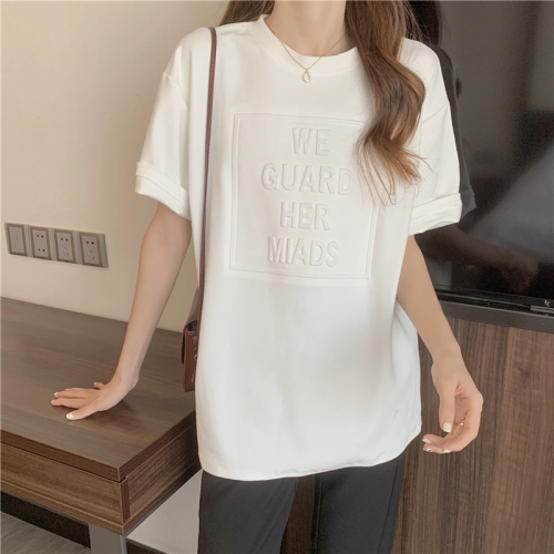 Real shot 2022 medium long T-shirt women's half sleeve loose concave convex letters