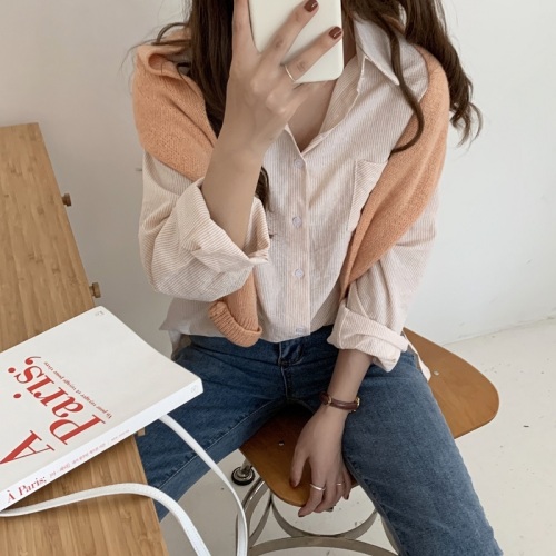Real shooting ins Korean stripe stand collar long sleeve versatile classic shirt + foreign style knitted shawl three colors