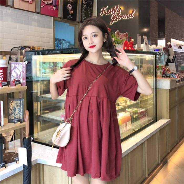 Real shot 2022 loose cotton dress Korean version large size slim sweet short sleeve retro medium length A-line skirt