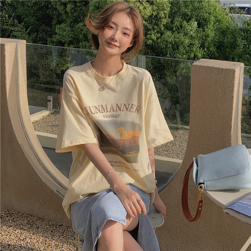 Real shot 2022 printed American retro short sleeve T-shirt women's Fashion Top