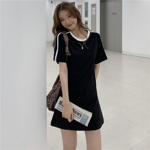 Real cotton  new fashion summer dress pure cotton T-shirt skirt women's summer short sleeve Korean medium and long style