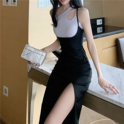 Real price ~ temperament goddess sexy diagonal shoulder top + high waist thin suspender split dress
