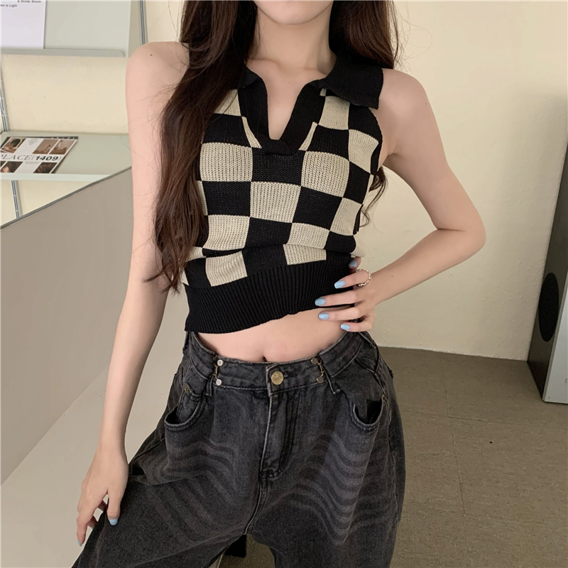 Real Price vintage chessboard knitted vest design sense of a small number of people wearing a chic coat