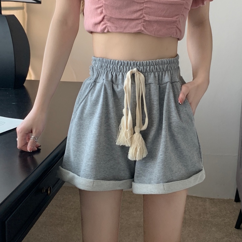 Real shooting of summer high waist curled Terry sports shorts women's versatile leisure wide leg A-shaped hot pants