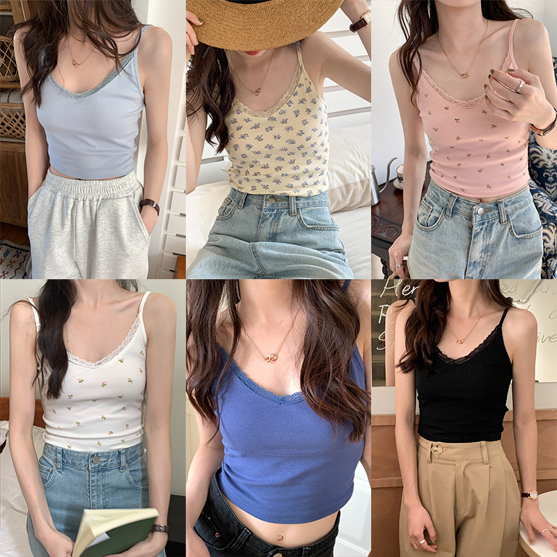 Real price real shooting summer gentle wind small broken flowers multicolor sexy lace lace suspender top women's 2022 new style